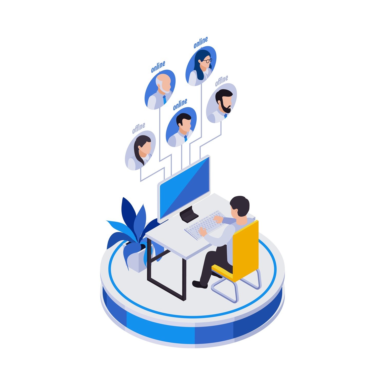 Remote management distant work isometric icons composition with man at computer table with avatars of distant workers vector illustration